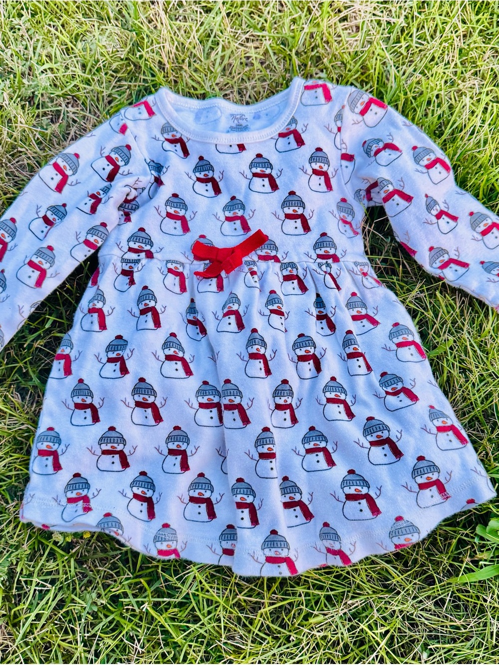 Girls' Grey Snowman Print Holiday Dress with Red Bow